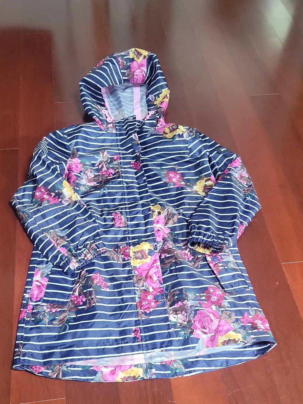Joules Kids Right As Rain Collection Navy Striped Floral Hooded Raincoat